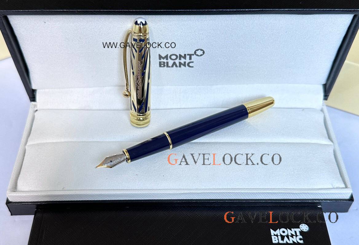 New Copy Mont blanc 100 Meisterstück 164 Fountain Gold Cap Blue Resin